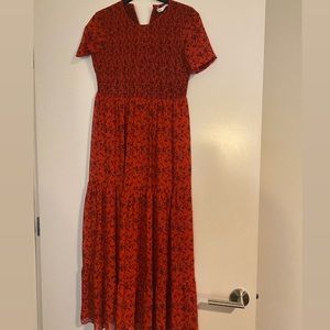 Zara red floral tiered midi dress, size xs